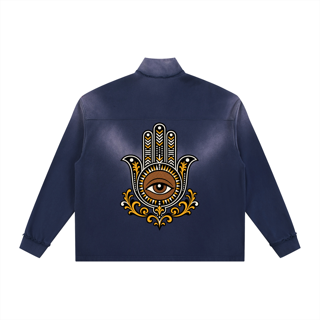 Hamsa Hand Sun Fade Raw Edge Quarter-Zip Sweatshirt