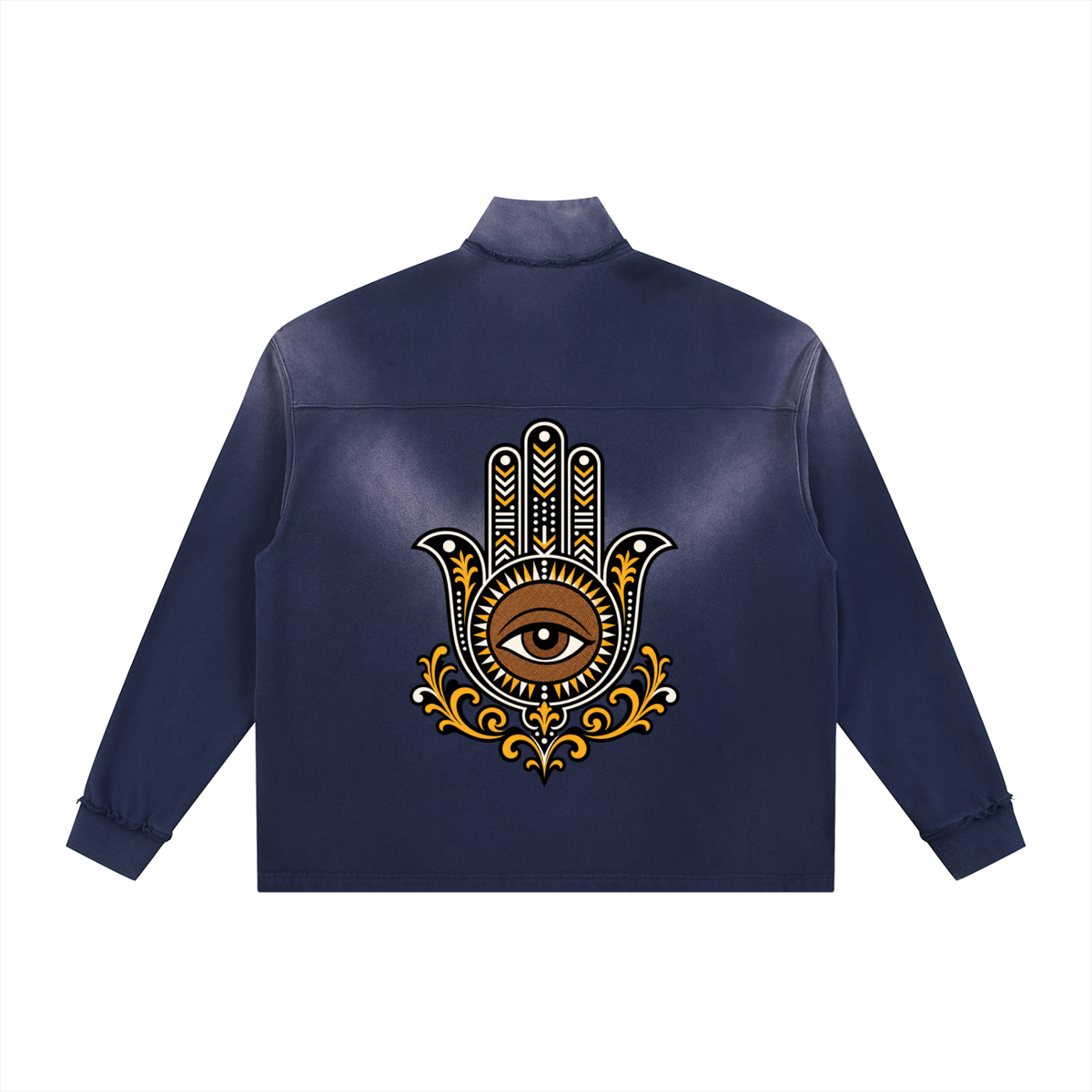 Hamsa Hand Sun Fade Raw Edge Quarter-Zip Sweatshirt