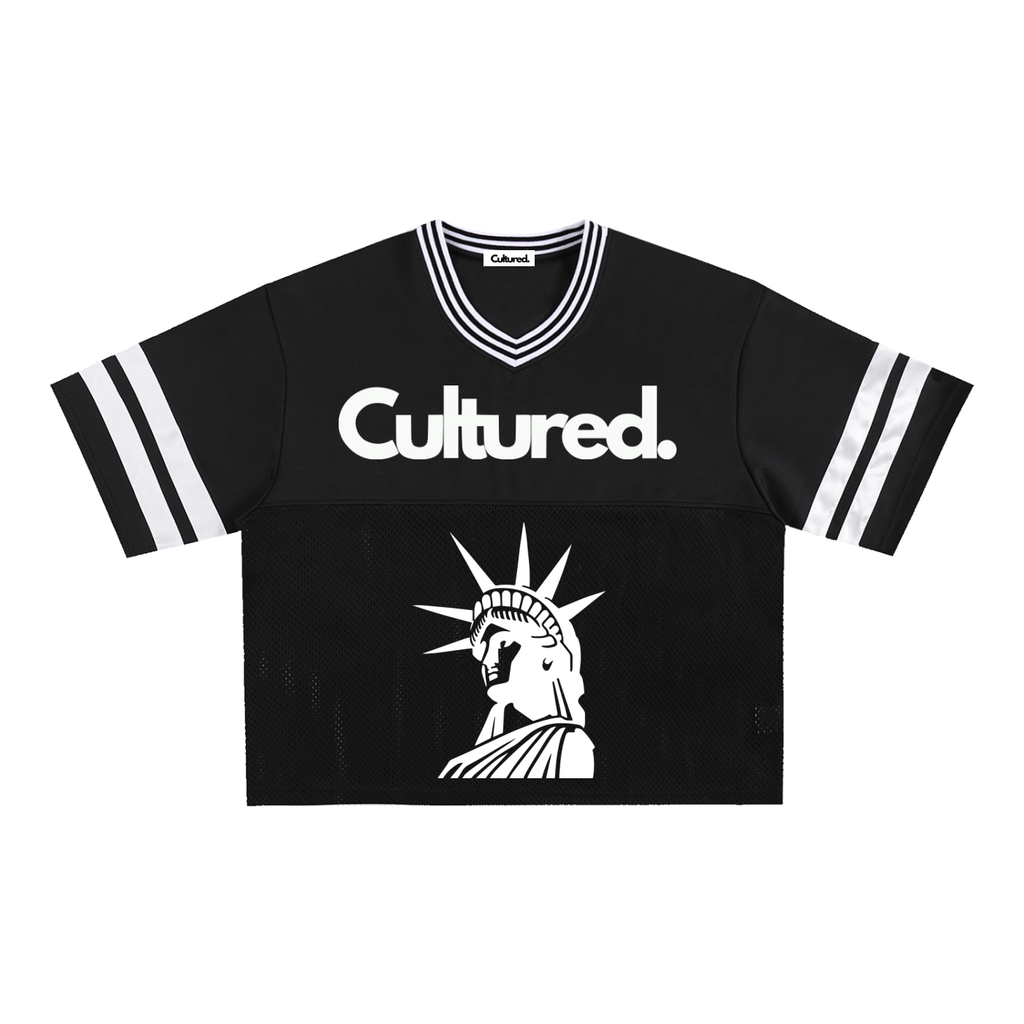 Cultured. Lady Liberty "The City Is Mine" Taped Mesh Boxy T-Shirt (Black)