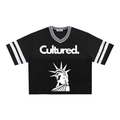 Cultured. Lady Liberty "The City Is Mine" Taped Mesh Boxy T-Shirt (Black)