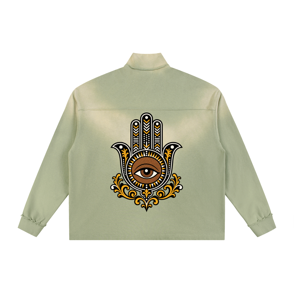 Hamsa Hand Sun Fade Raw Edge Quarter-Zip Sweatshirt