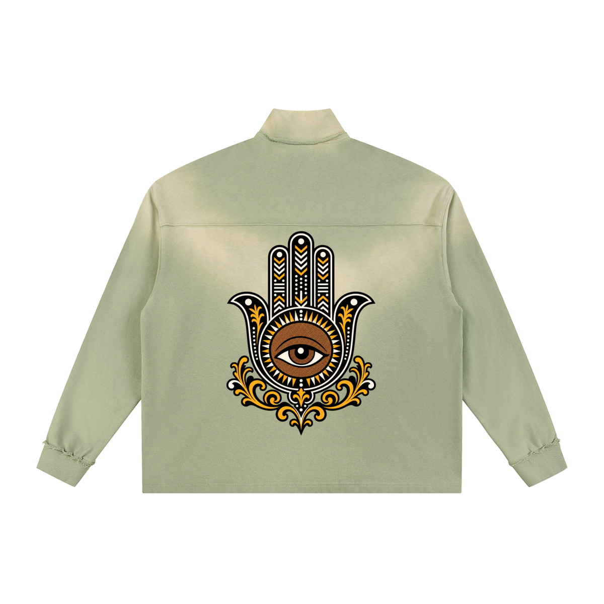 Hamsa Hand Sun Fade Raw Edge Quarter-Zip Sweatshirt