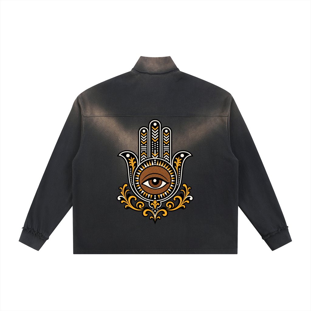 Hamsa Hand Sun Fade Raw Edge Quarter-Zip Sweatshirt