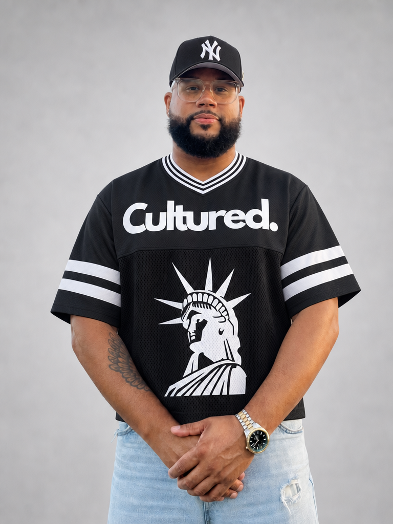Cultured. Lady Liberty "The City Is Mine" Taped Mesh Boxy T-Shirt (Black)