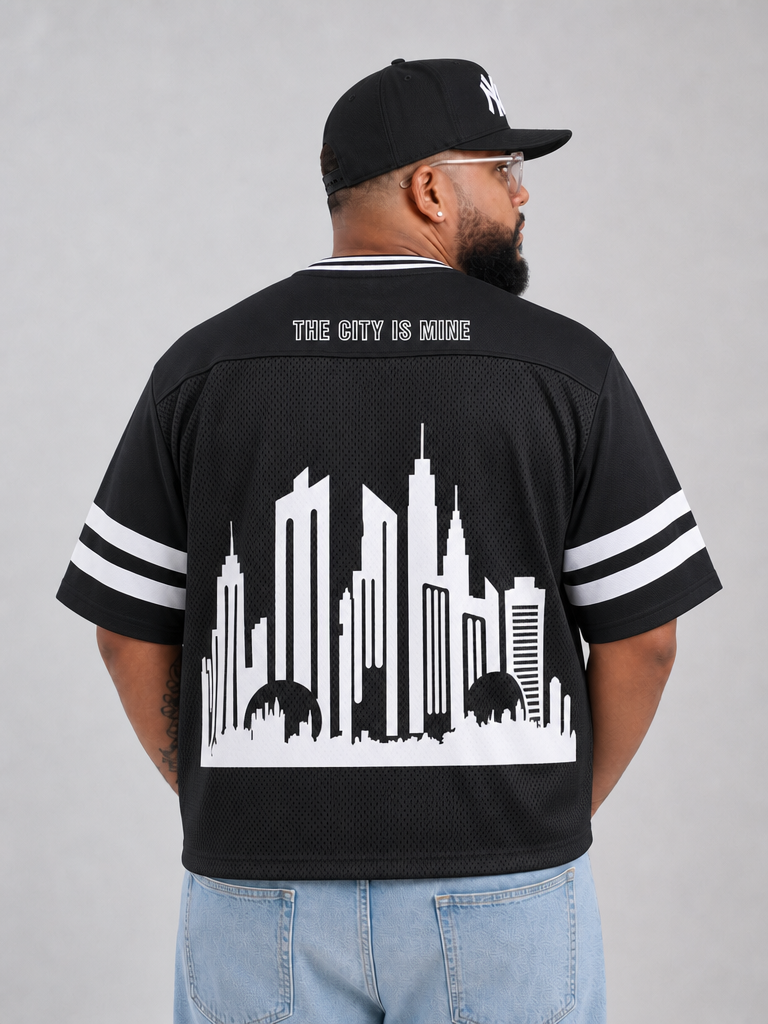 Cultured. Lady Liberty "The City Is Mine" Taped Mesh Boxy T-Shirt (Black)
