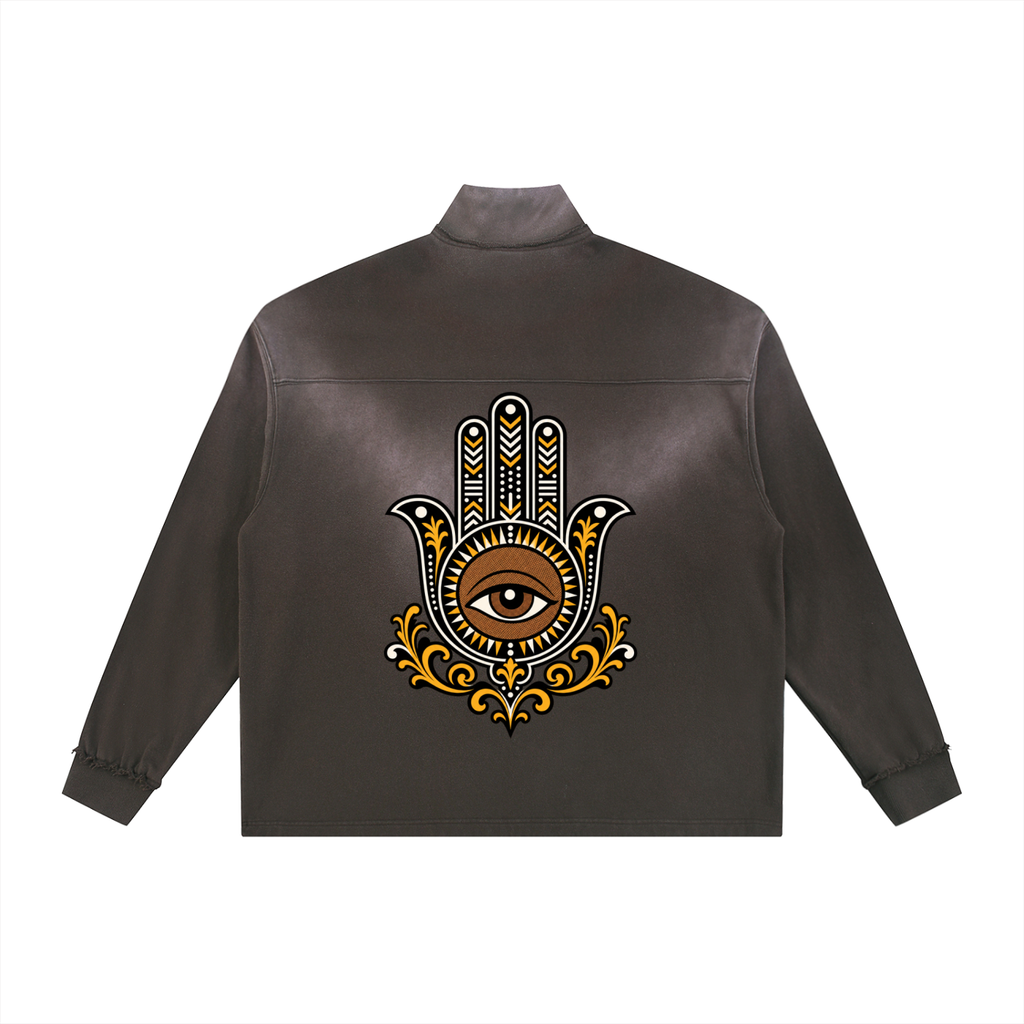 Hamsa Hand Sun Fade Raw Edge Quarter-Zip Sweatshirt